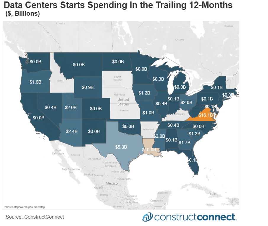 Data Centers Starts Spending In the Trailing 12-Months c2025 constructconnect