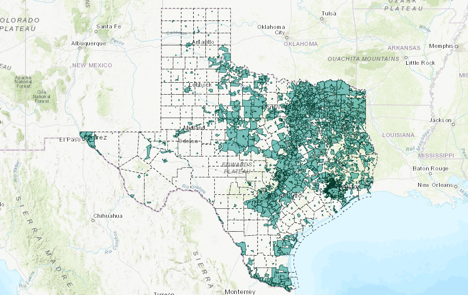 The Texas Water Service boundary map shows the concentration of resources in the central and eastern part of the state. Image T